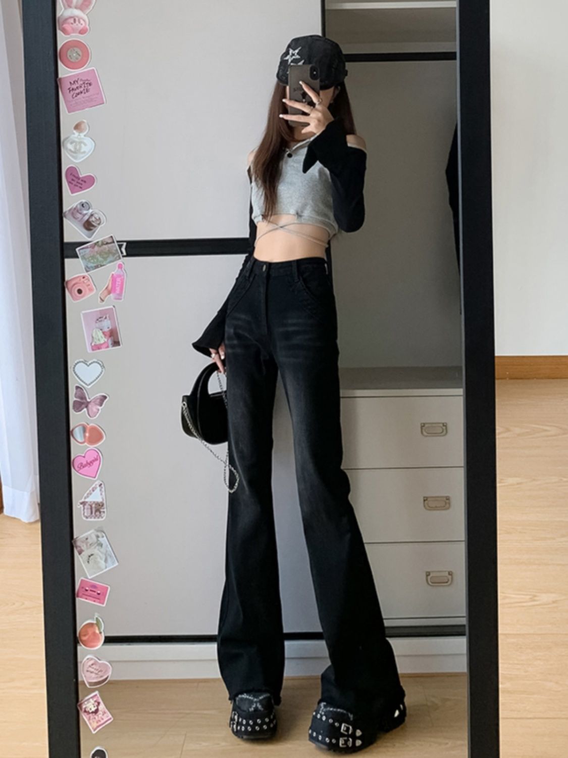 美式氣質黑高腰微喇牛仔褲女秋季辣妹顯瘦直筒褲高街vibe風馬蹄褲