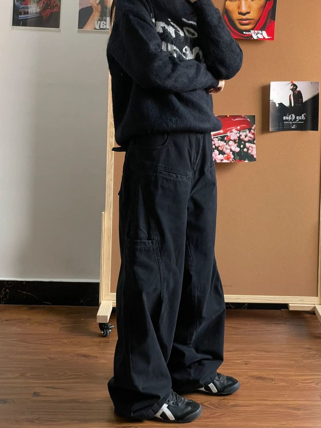 大碼復古美式高街設計感黑色工裝牛仔褲女寬鬆闊腿休閒百搭老爹褲