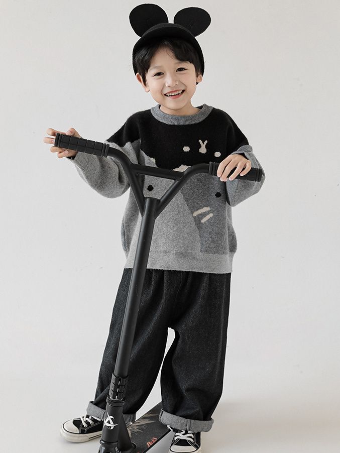 儿童拼色休闲毛衣秋冬季男孩韩版小众设计针织衫中大童圆领厚毛衣