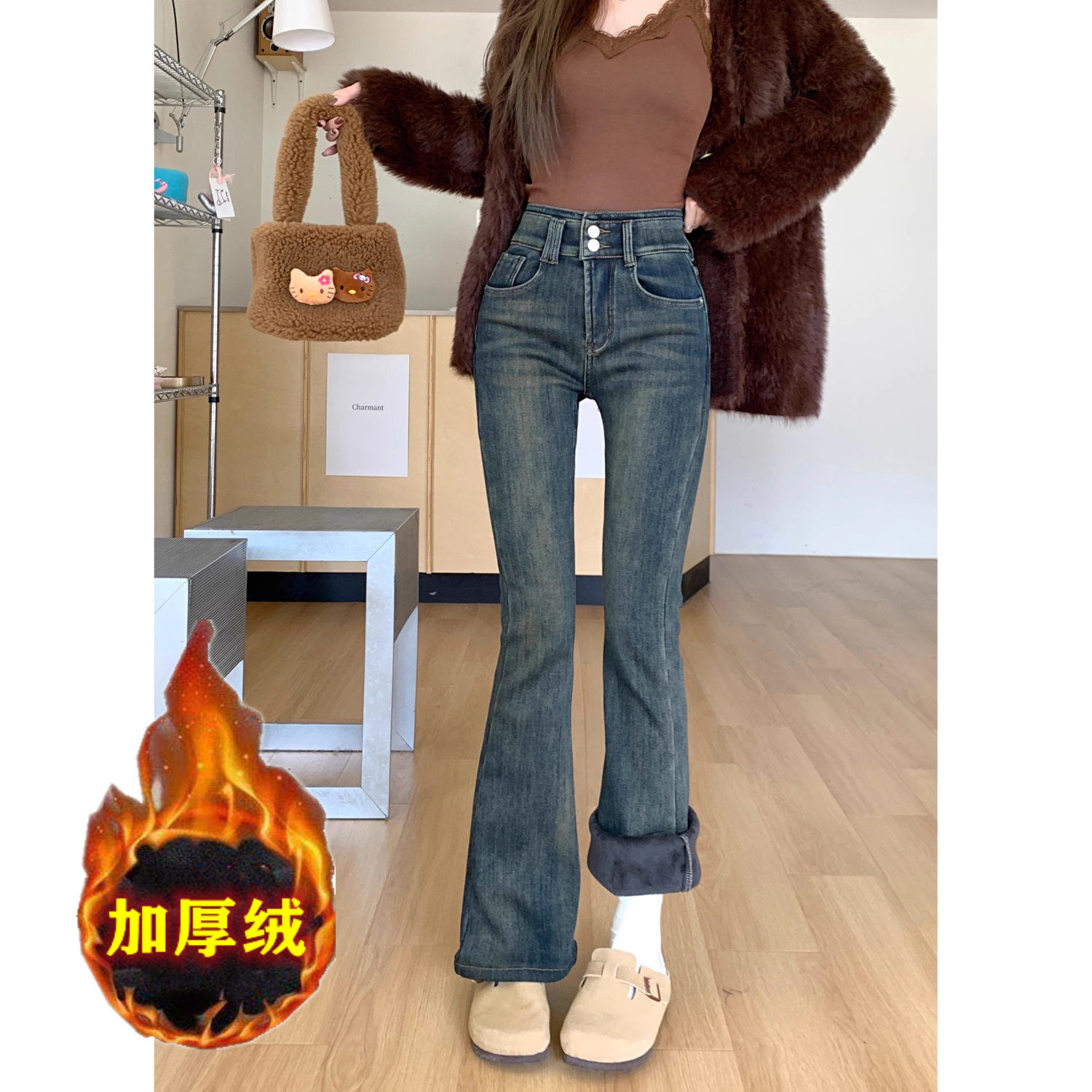 復古加絨加厚微喇牛仔褲女2023秋冬新款高腰彈力修身顯瘦喇叭長褲