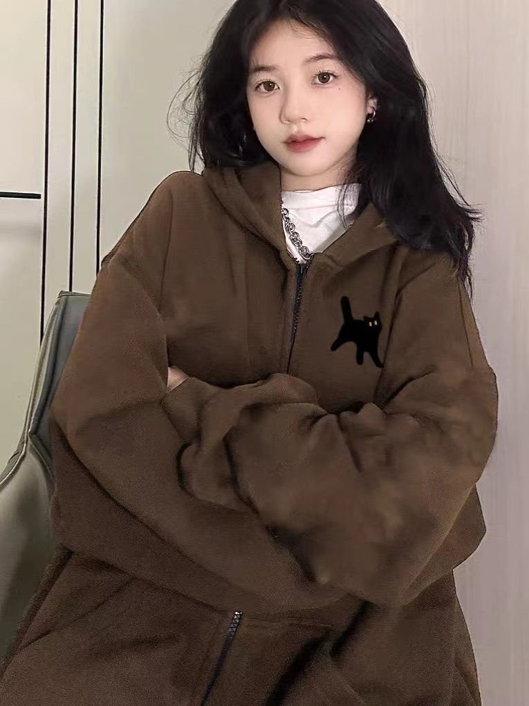 美式復古chic棕色衛衣女冬季加絨加厚2023新款銀狐絨保暖連帽外套