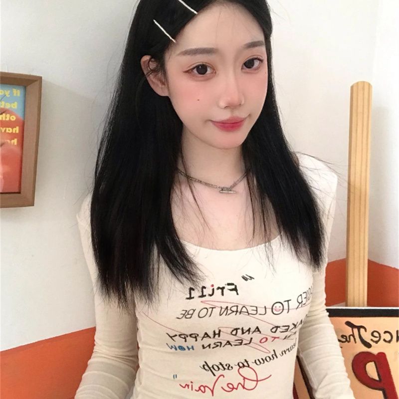 美式復古正肩長袖t恤女ins潮設計感小眾春秋內搭修身顯瘦辣妹上衣