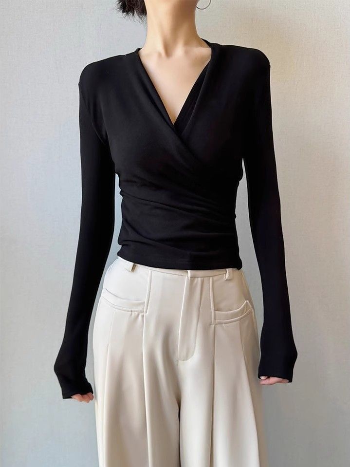 德绒加厚打底衫女春季韩版新款设计感小众褶皱V领修身显瘦长袖T恤