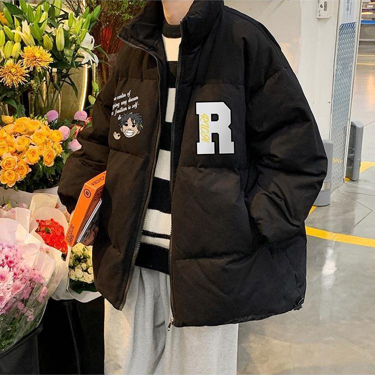 港風男生款冬季立領百搭小眾休閒寬鬆字母保暖加厚麵包服外套ins