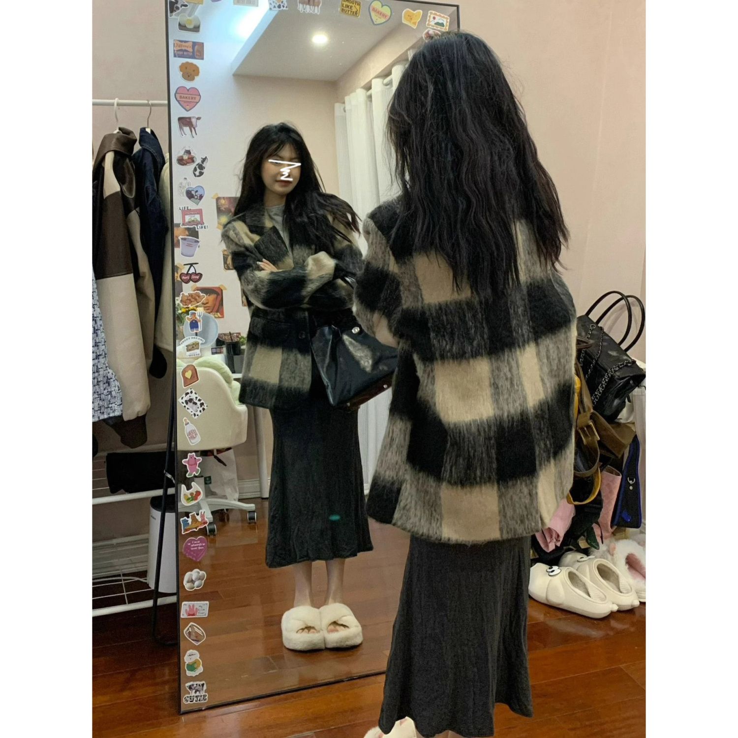 Plaid contrasting splicing woolen suit jacket for women in autumn and winter new design niche loose and versatile thickened top