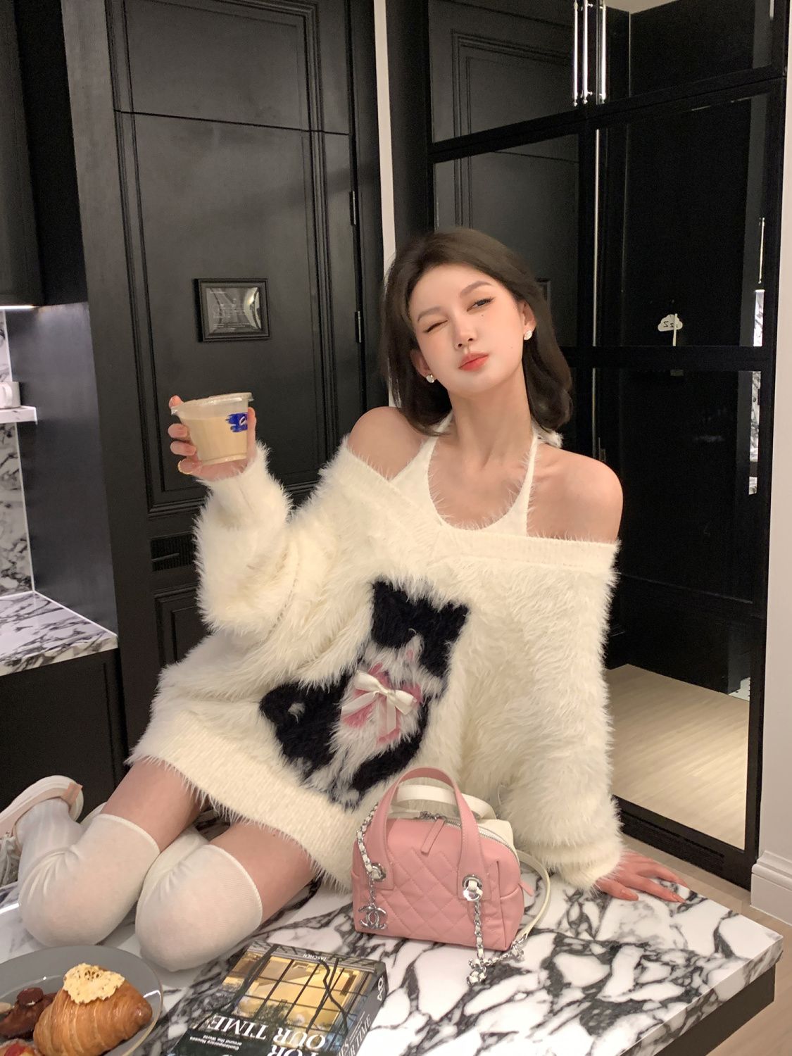 貓咪提花仿水貂毛v領毛衣女秋冬慵懶風寬鬆針織衫一字肩軟糯上衣