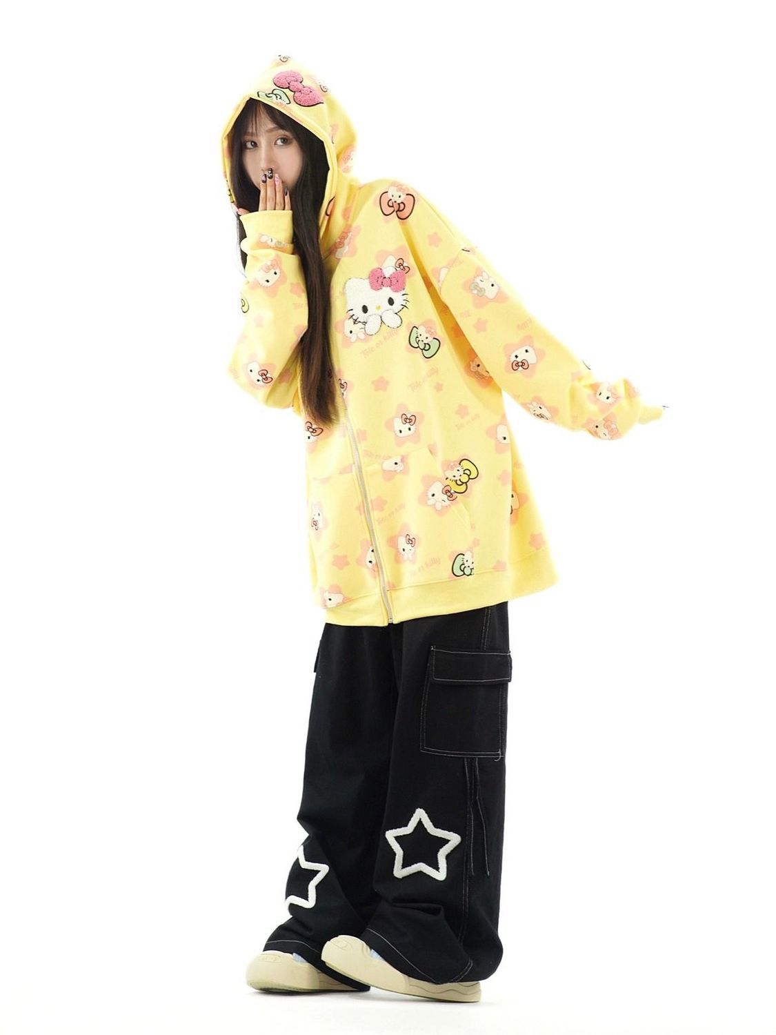 Chinese trendy American cartoon sweet girl style full printed Hello Kitty cardigan zipper hooded sweatshirt for men and women heavy cotton jacket