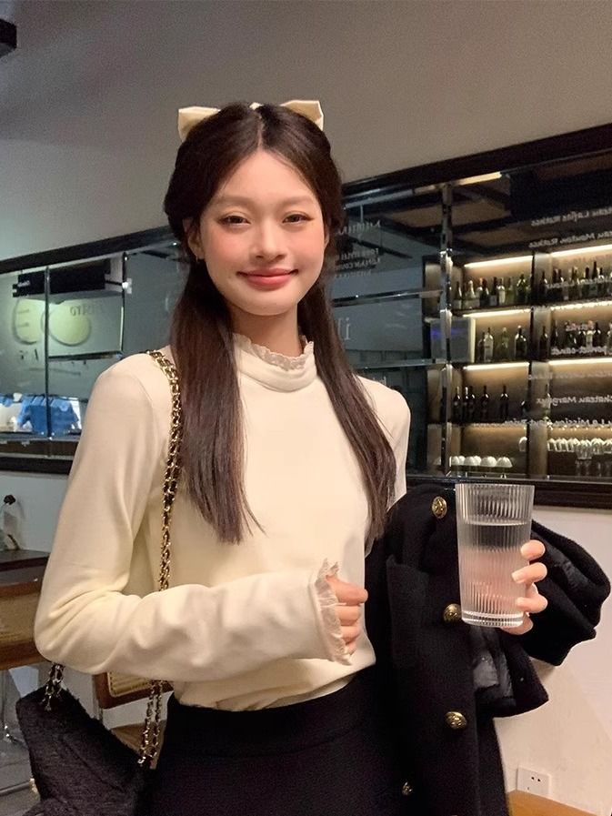 雙面自發熱德絨半高領打底衫女秋冬花邊修身加絨長袖t恤內搭上衣