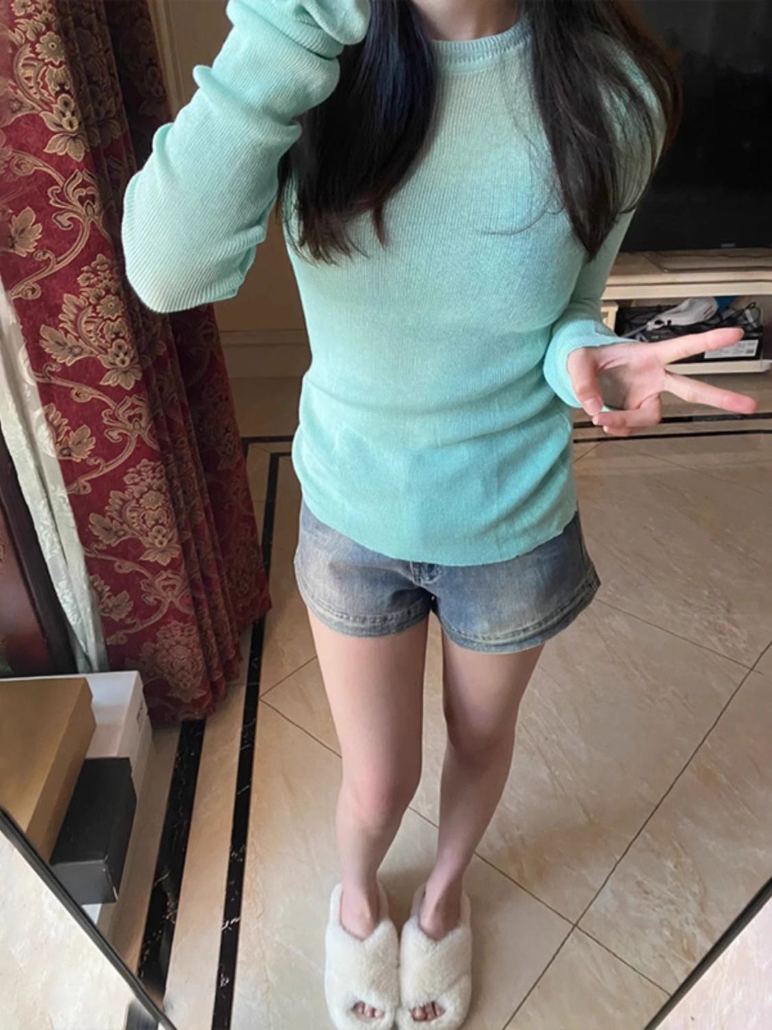 秋冬新款德絨螺紋設計修身顯瘦打底針織衫內搭正肩圓領長袖上衣女