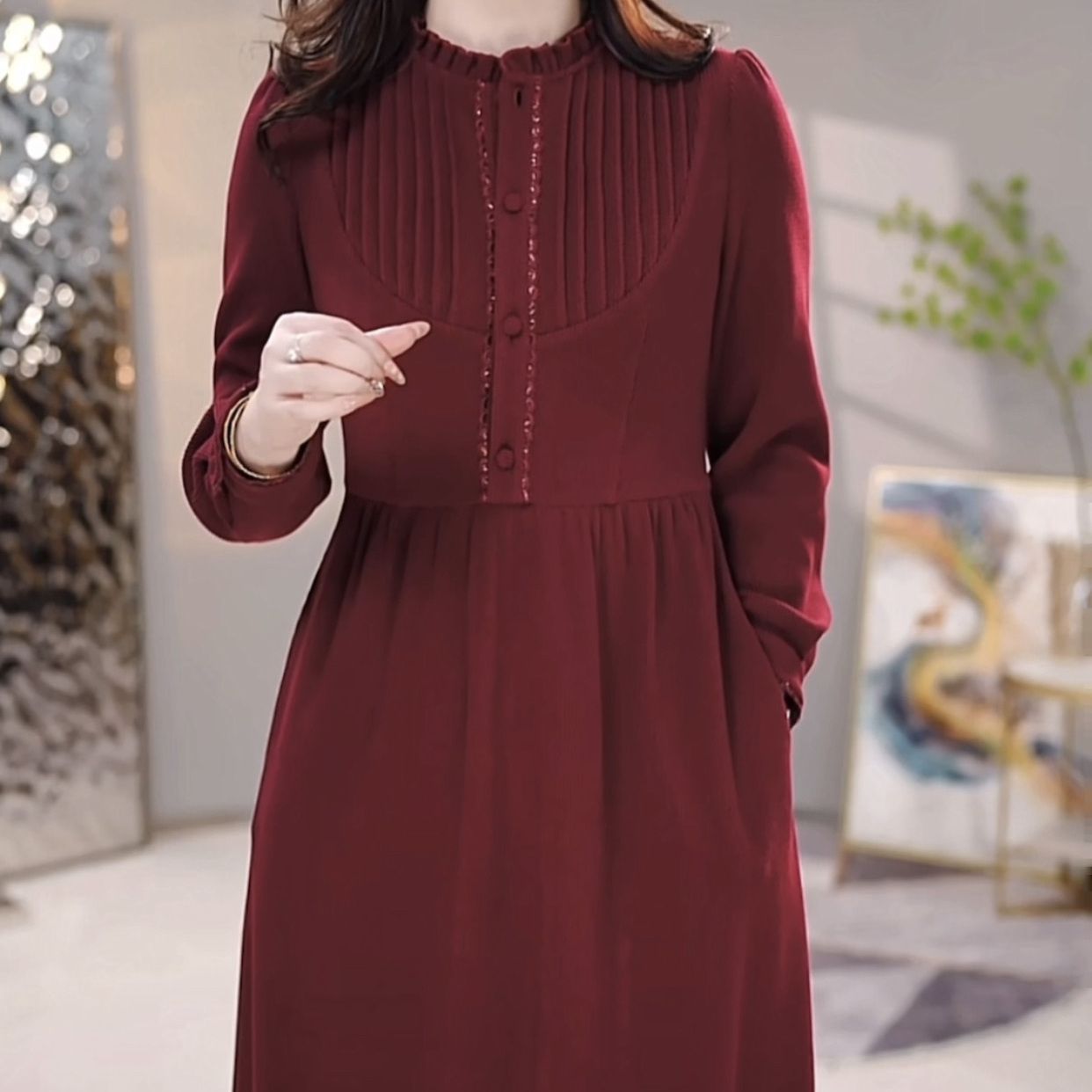 高端加厚磨毛精紡連衣裙2023新款秋冬女裝洋氣媽媽裝婚宴禮服裙子