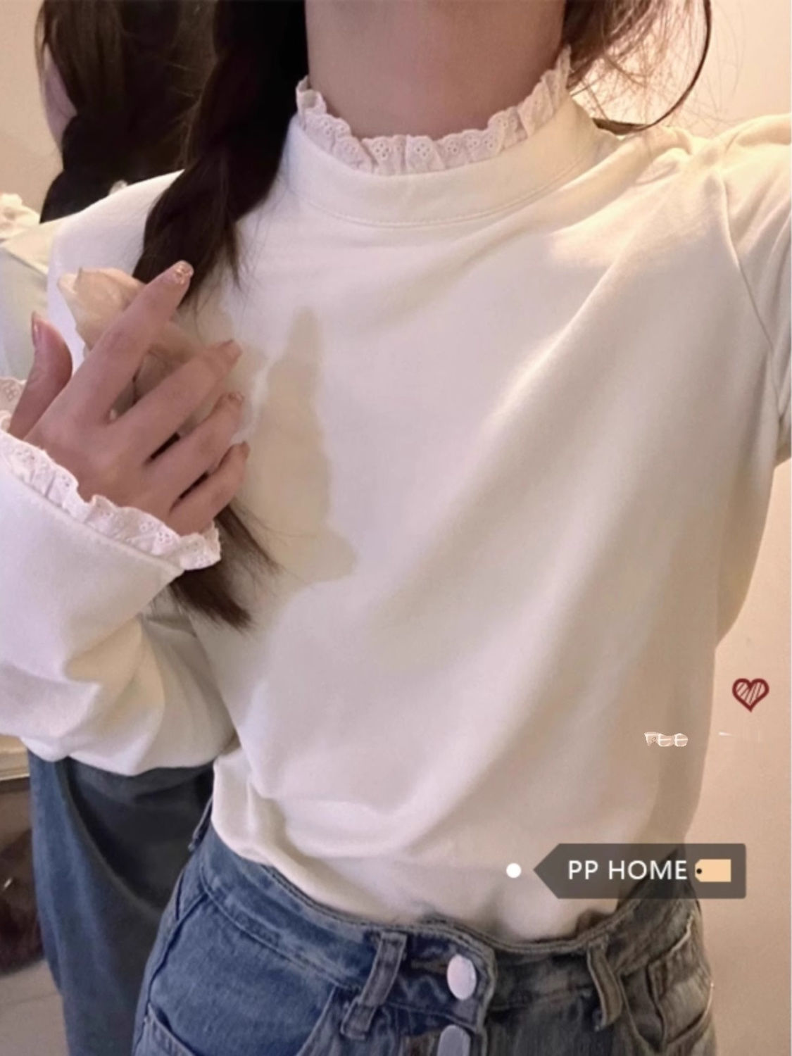 半高領花邊長袖打底衫秋冬保暖內搭磨毛上衣女內搭百搭德絨T恤潮