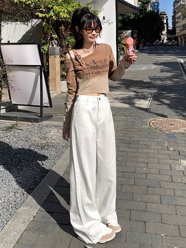 美式高街白色闊腿牛仔褲女春季高腰寬鬆顯瘦垂感休閒褲拖地直筒褲