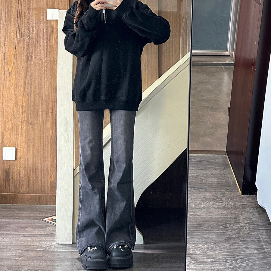 美式復古煙灰色微喇牛仔褲女秋冬新款ins高腰顯瘦修身直筒拖地褲