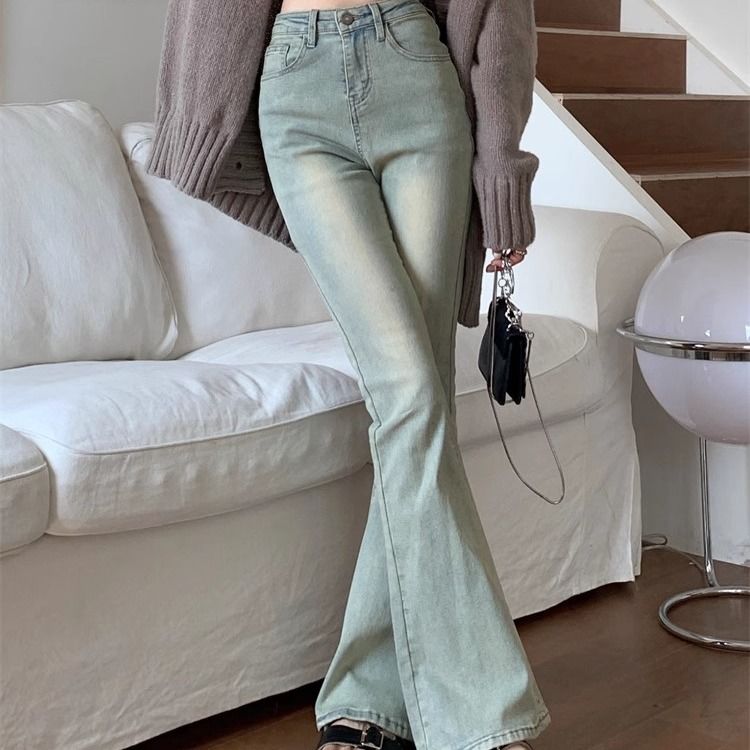 復古高腰牛仔褲女2023秋季新款韓版潮流微喇彈力修身顯瘦拖地褲子
