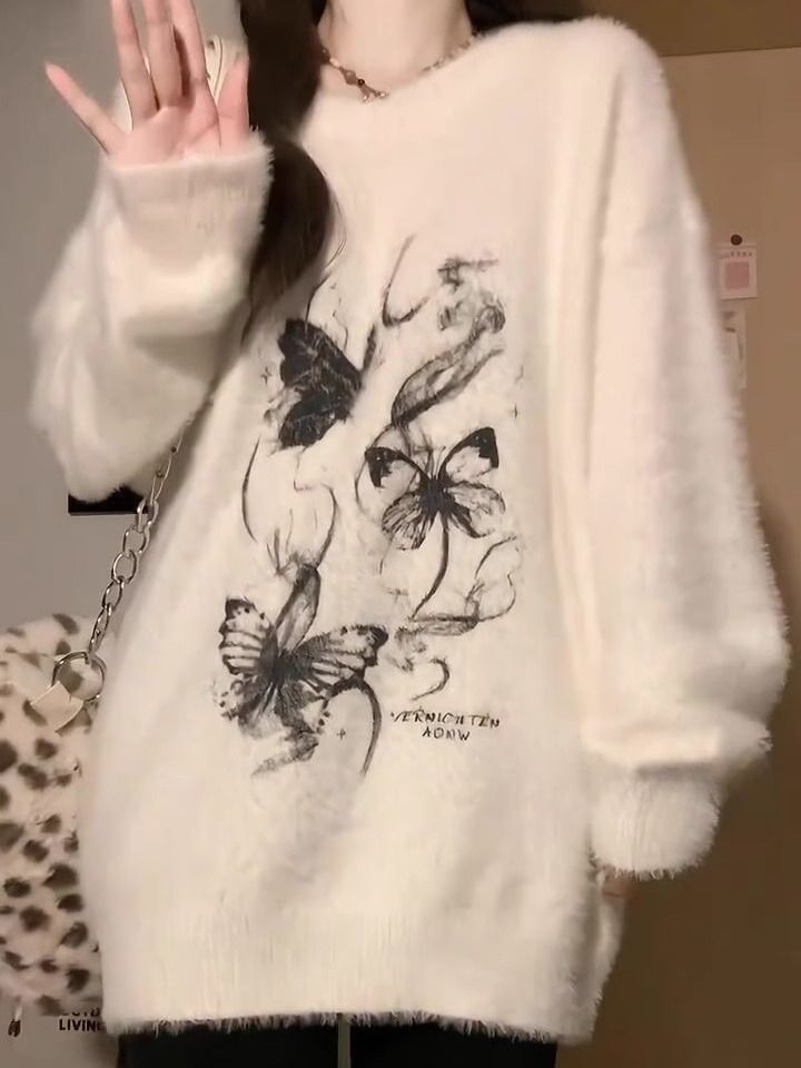 高級感奶fufu馬海毛毛衣女小個子秋冬慵懶風加厚毛茸茸針織衫上衣