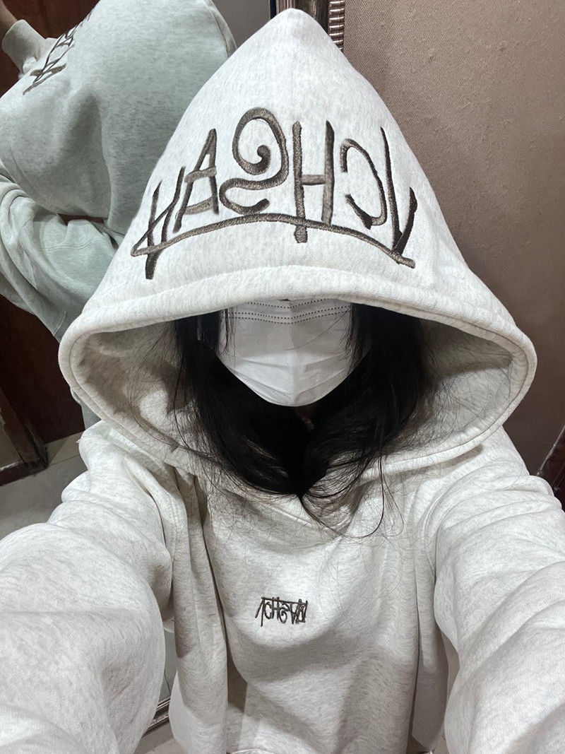 黎幫主 美式潮牌手寫刺繡連帽衛衣女新款加絨加厚高街寬鬆ins上衣