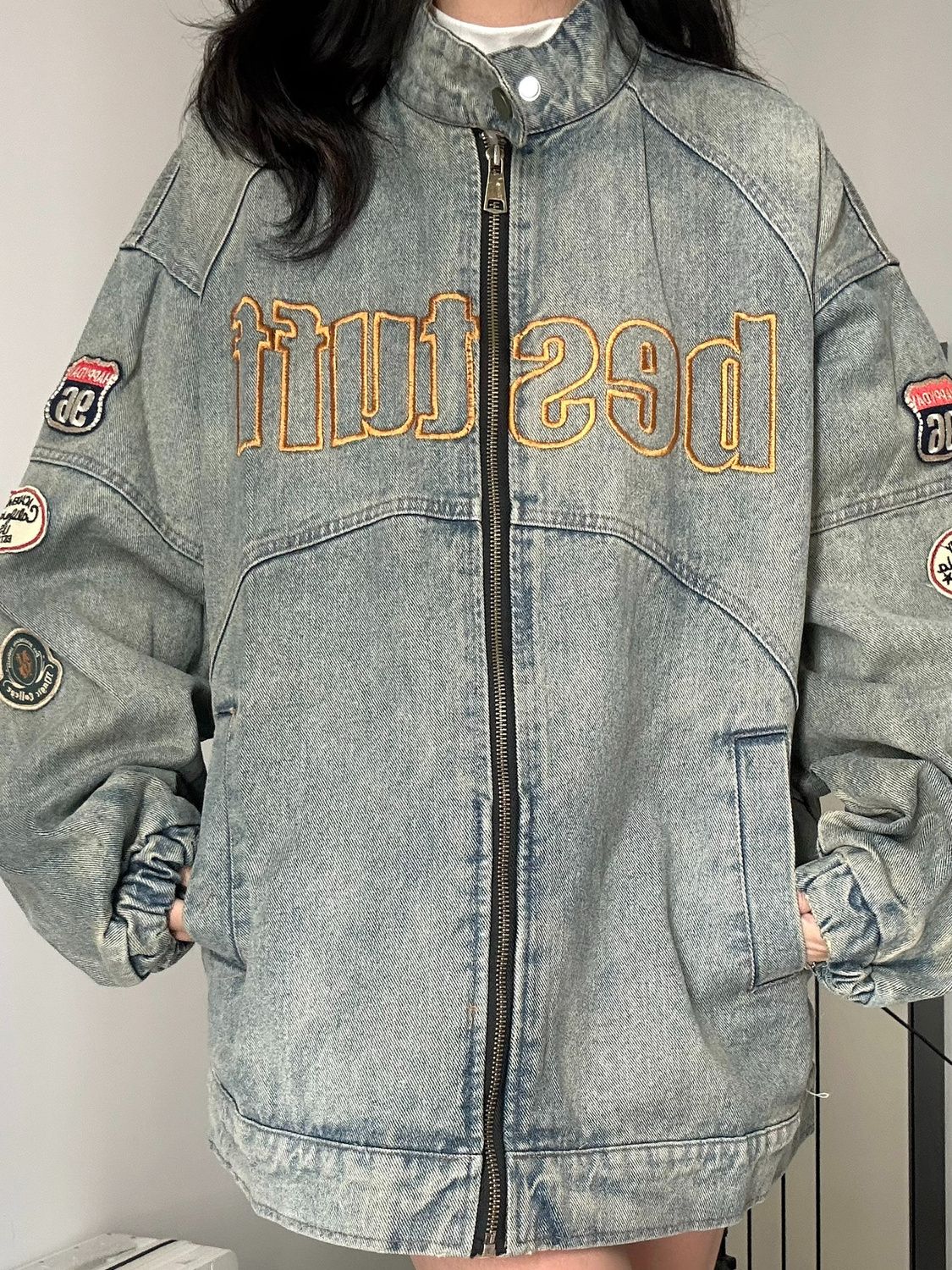 American retro motorcycle style vintage denim jacket for women 2024 spring and autumn embroidered heavy industry jacket loose and trendy