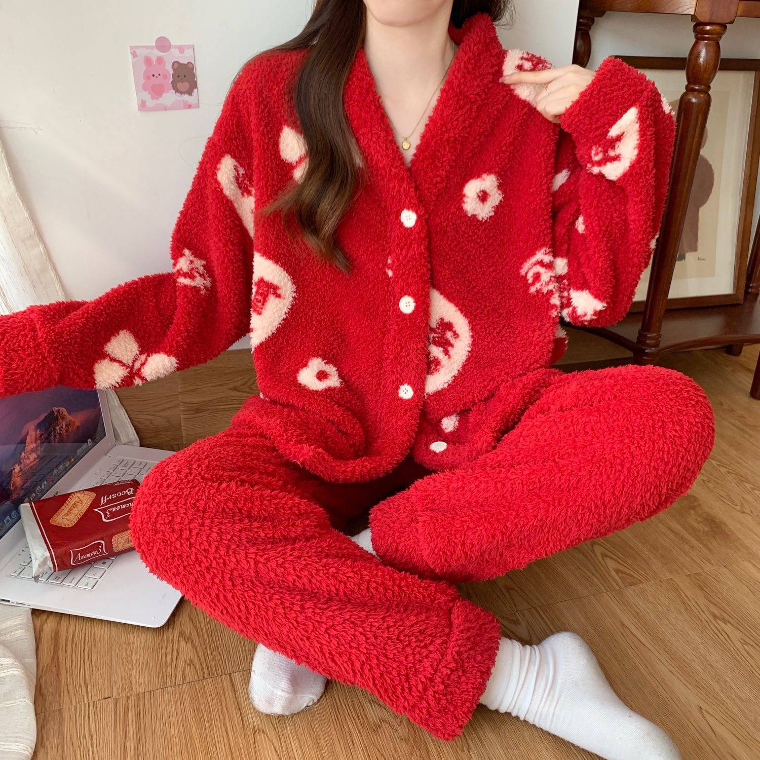 紅色新年喜慶睡衣女秋冬季好運半邊絨加厚加絨冬天保暖家居服套裝