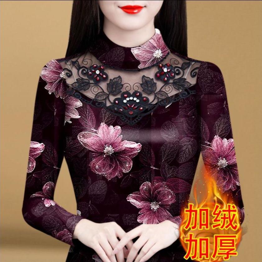 2023年秋冬新款一體絨雙面德絨蕾絲花邊加絨加厚打底衫女釘珠t恤