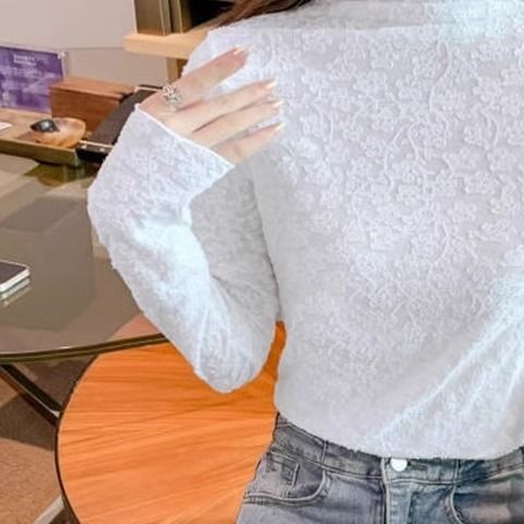 堆堆高領長袖蕾絲打底衫女秋裝2023新款韓版休閒氣質鈎花內搭上衣