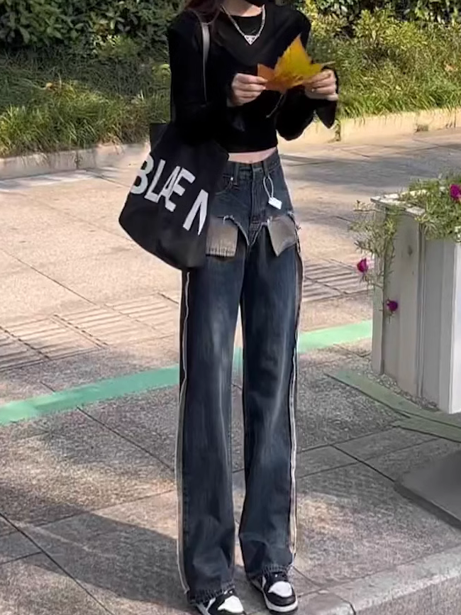 復古高腰拼接設計感牛仔褲女美式高街百搭設計感小眾獨特直筒長褲