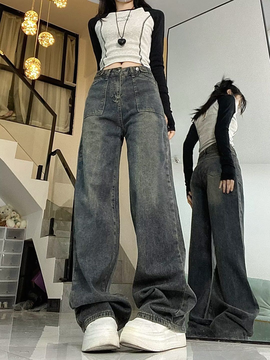 大碼女裝微胖mm復古顯瘦寬鬆直筒褲子秋季時尚百搭高腰闊腿牛仔褲