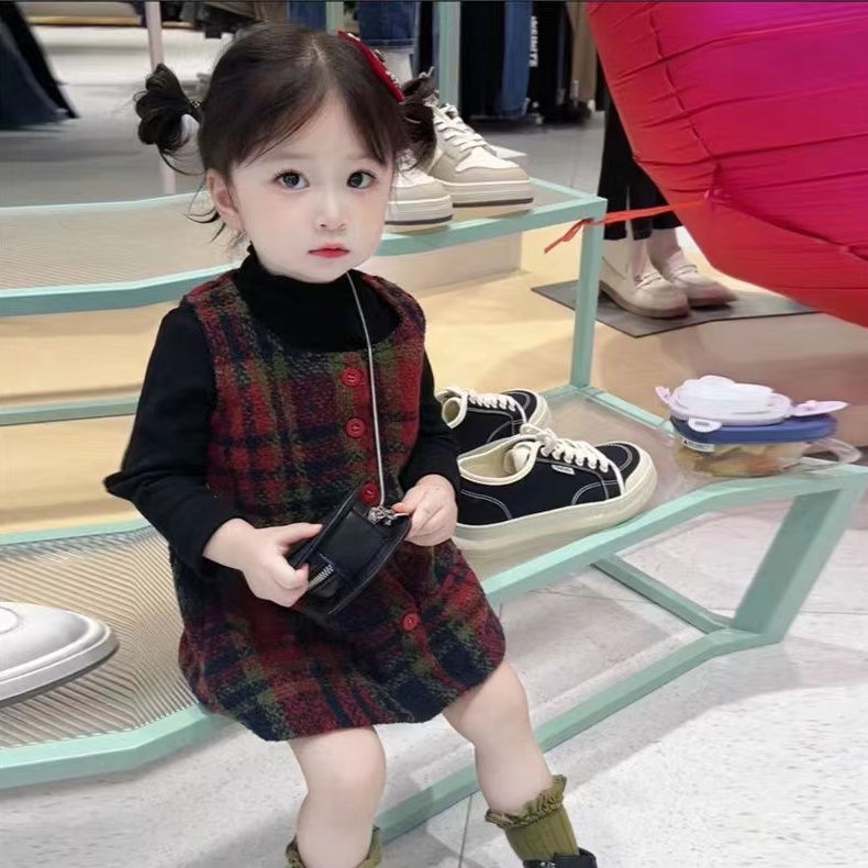 Girls Dress Autumn and Winter Korean Children's Clothing  New Little Girls Style Plaid Vest Dress Baby Princess Dress