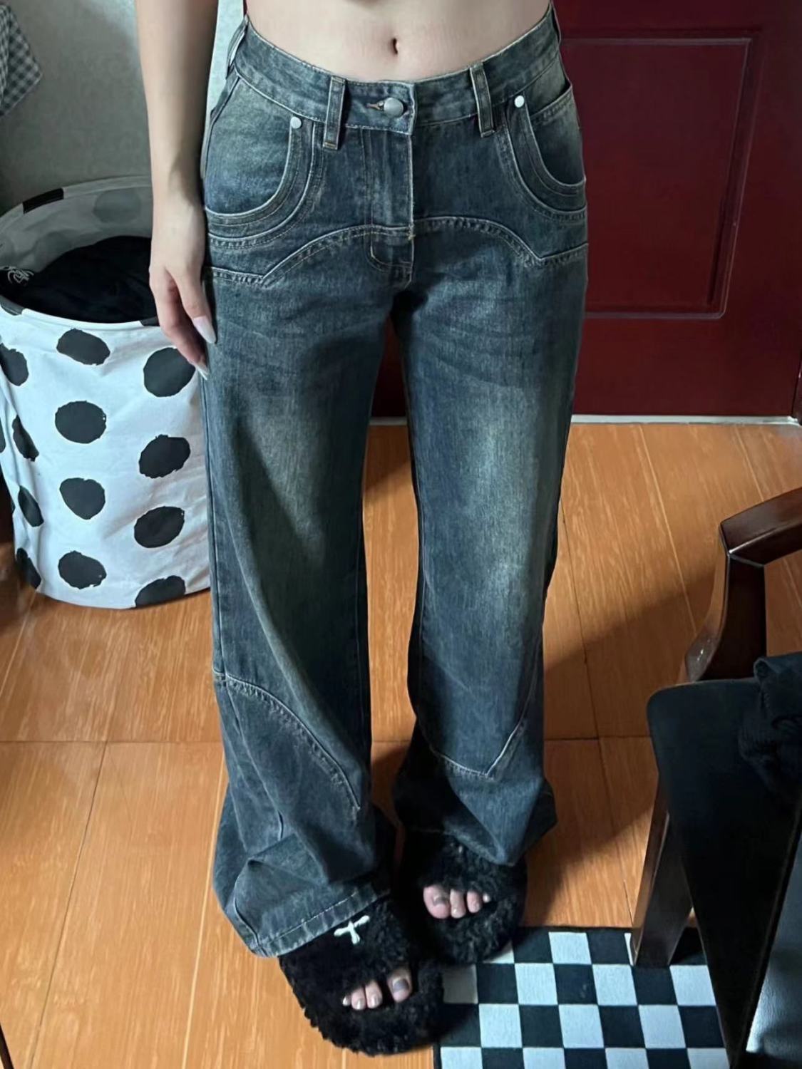 水泥灰低腰闊腿牛仔褲女秋季新款復古寬鬆顯瘦設計感直筒拖地褲子