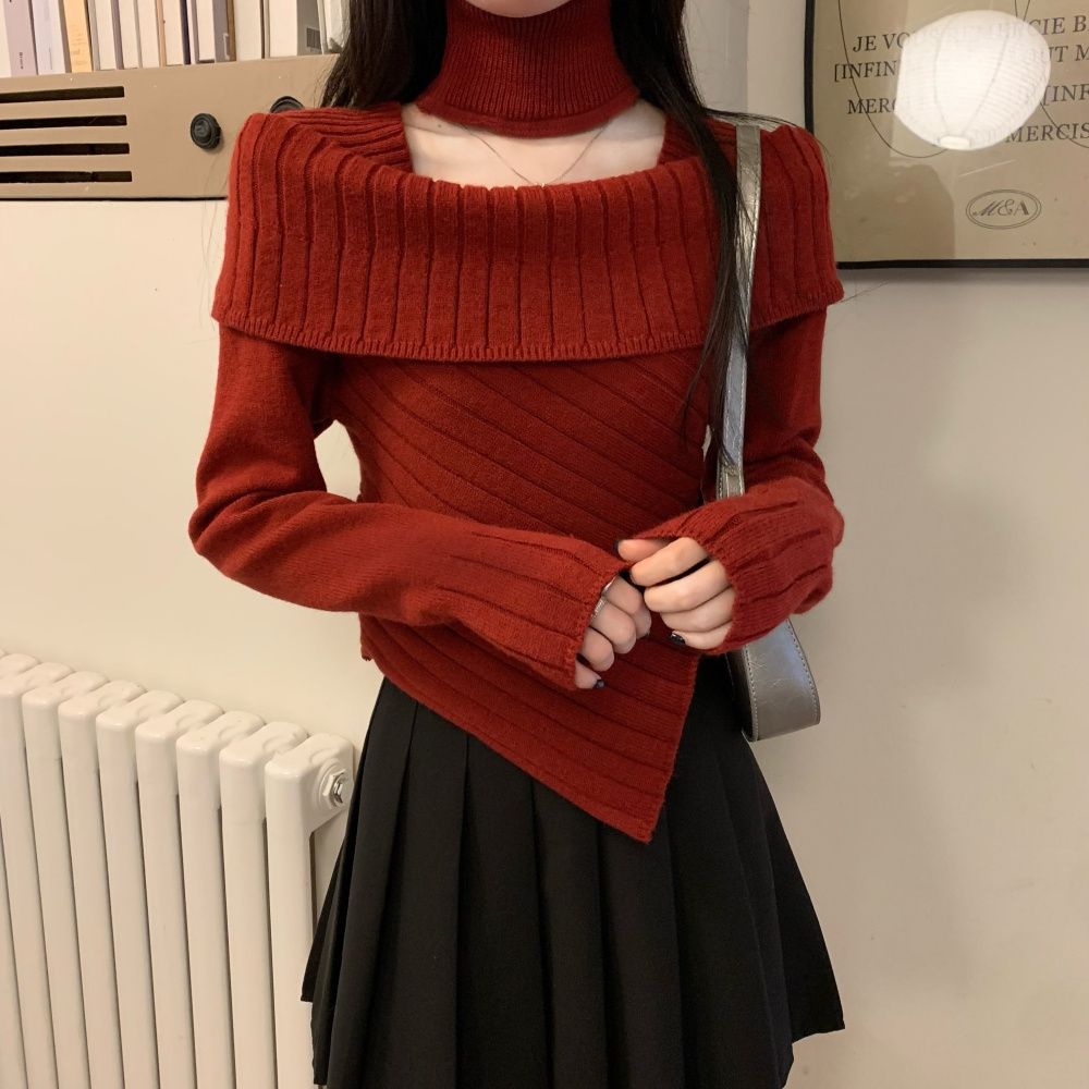 2023 Autumn and Winter Pure Desire Hot Girl Red Christmas Sweater Boat Collar Discreet Off-Shoulder Knitted Bottoming Shirt for Women