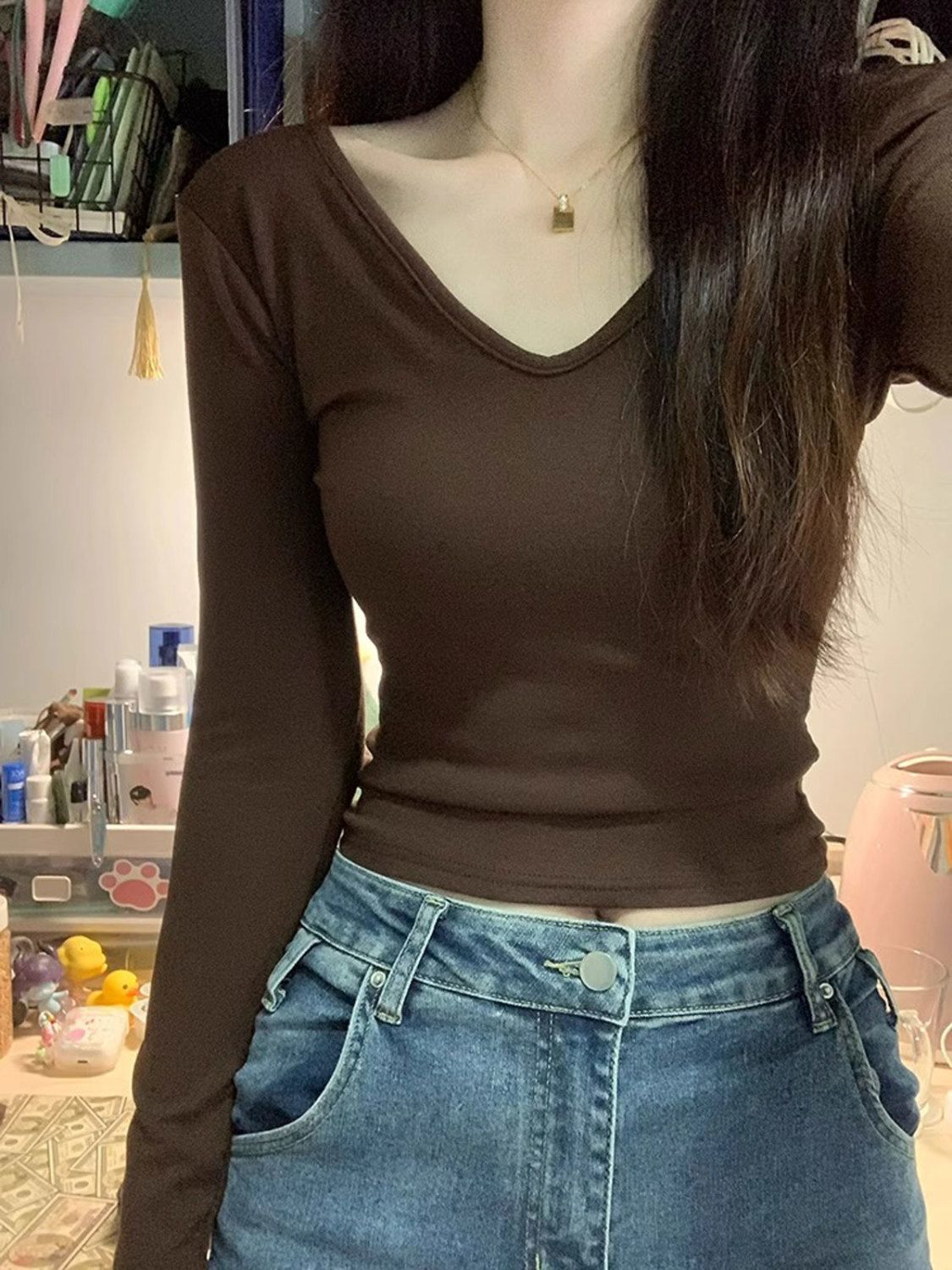 德絨V領打底衫女秋冬內搭修身顯瘦收腰緊身辣妹別致短款長袖上衣