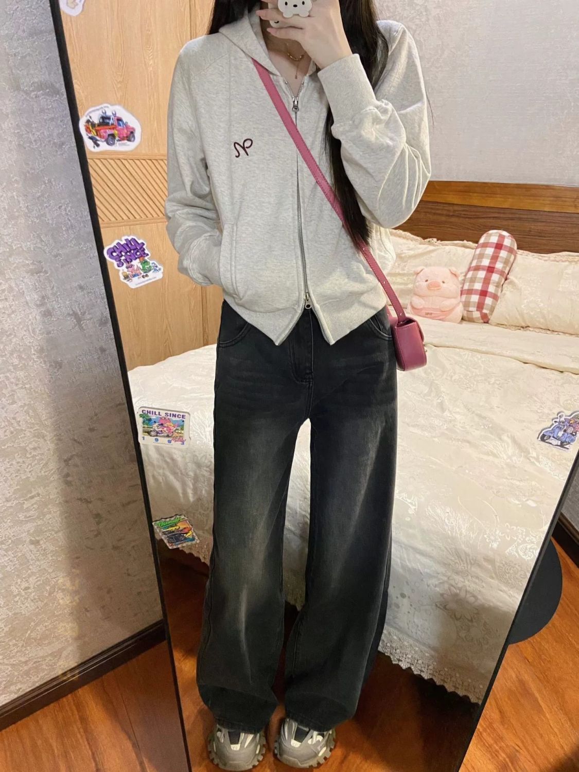 黑灰色闊腿牛仔褲女垂感高腰寬鬆2023春秋新款顯瘦九分直筒長褲子