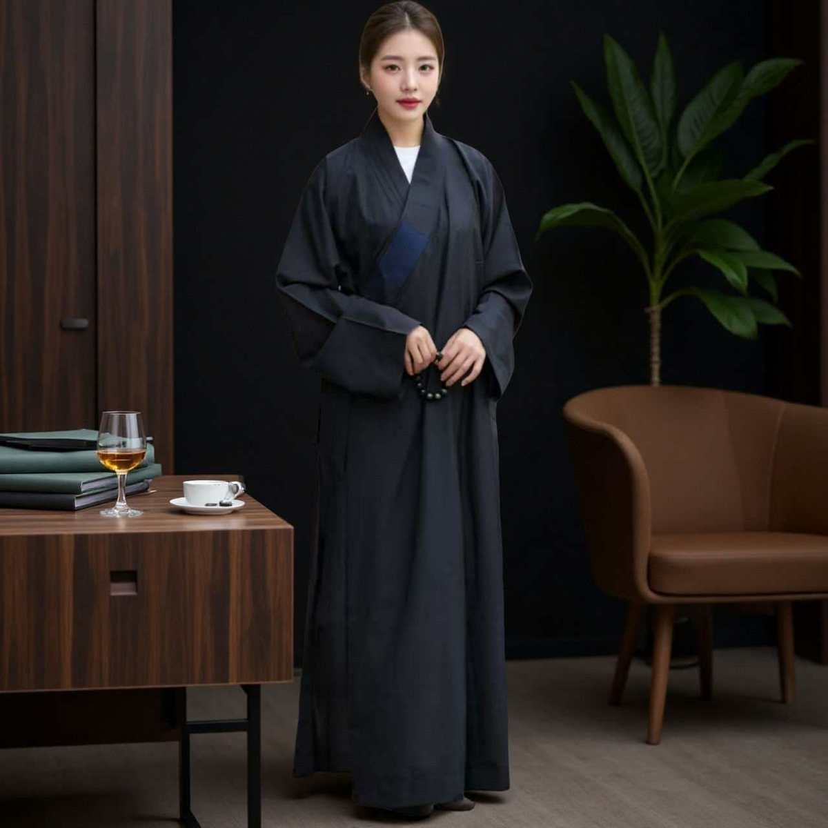 大袖小袖海青居士服咖啡色海青禅修服法衣海清透气不透明僧衣宽袖 detail 3