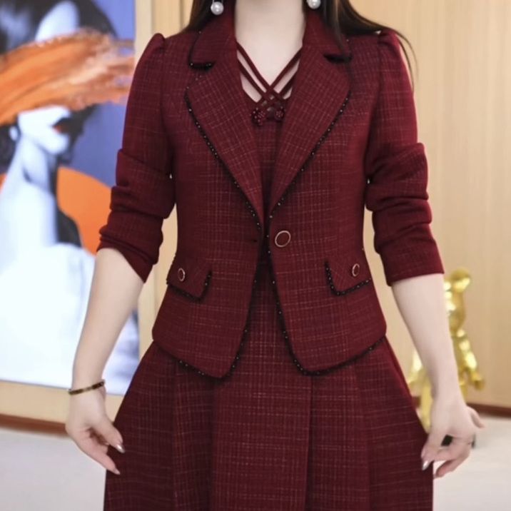 帛萊軟精紡兩件套裝連衣裙2023新款秋冬女婚宴洋氣小外套禮服裙子