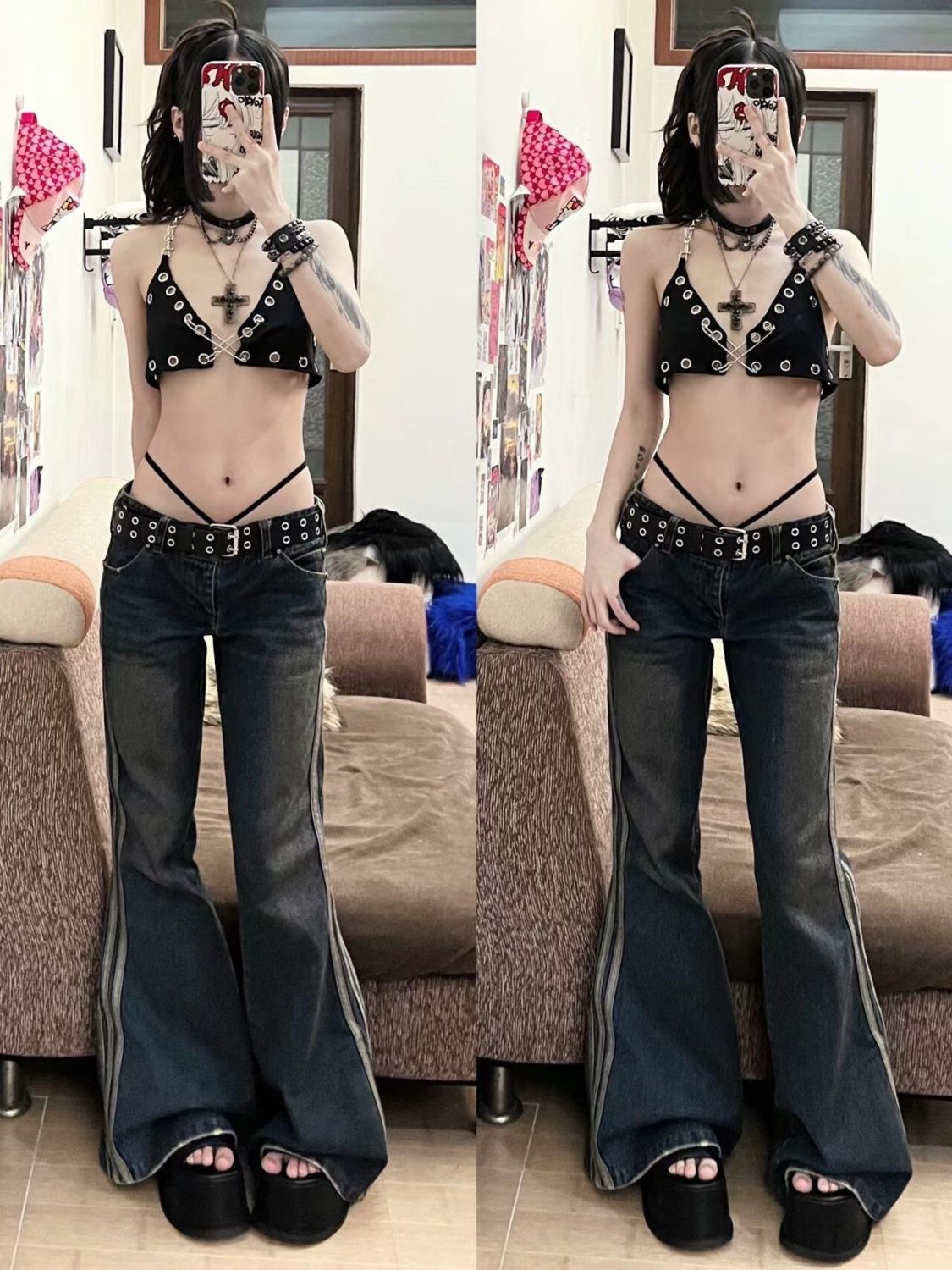 美式高街側條紋微喇叭牛仔褲女春季辣妹y2k低腰顯瘦闊腿拖地褲潮