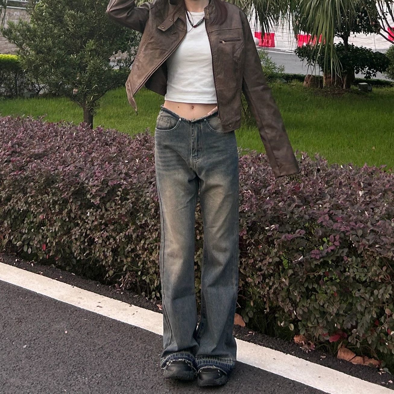 美式復古辣妹低腰微喇叭牛仔褲女設計感寬鬆闊腿顯瘦直筒拖地褲子