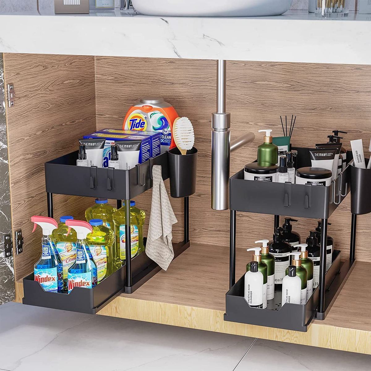 Kitchen Sink Storage Double-layer Shelf, Home Pull-out Bathroom Countertop Multifunctional Spice Rack With Chopstick_voghion.com