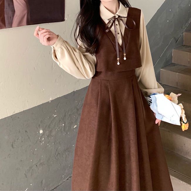 美拉德穿搭大碼胖妹妹學院風襯衫拼接假兩件長裙復古小清新連衣裙