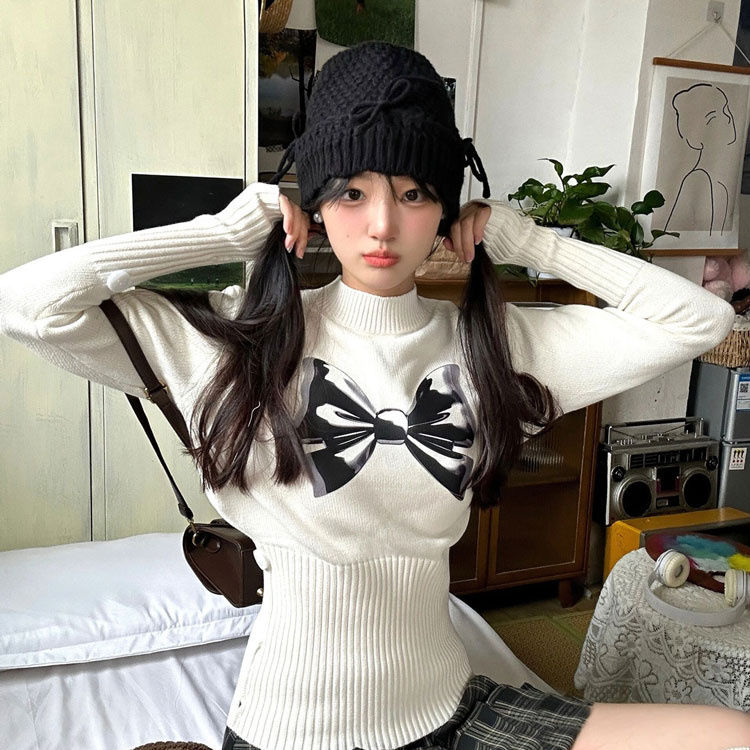 美式蝴蝶結收腰半高領毛衣女秋冬內搭打底衫長袖針織衫上衣設計感