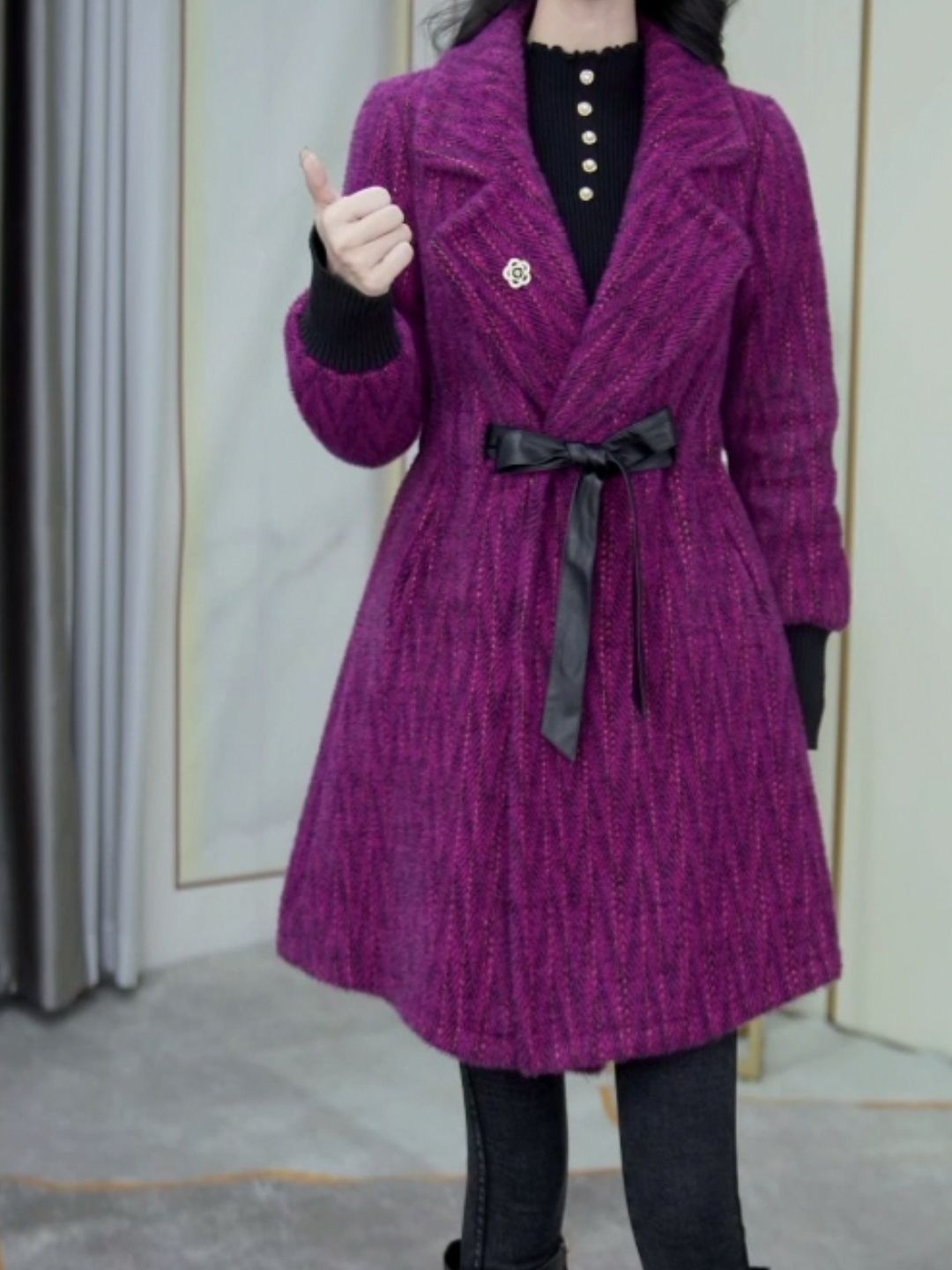 北極絨毛呢外套女中長款秋冬2023新款修身收腰加厚小個子呢大衣