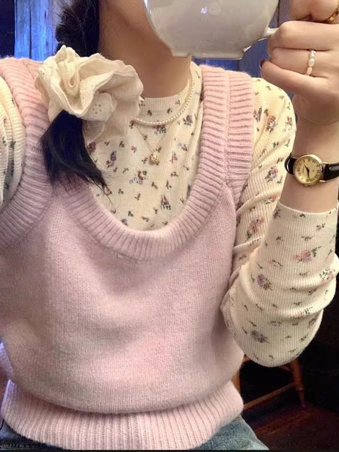 復古韓系碎花內搭保暖打底衫女新款秋冬修身顯瘦正肩長袖t恤上衣