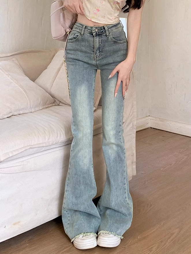 辣妹微喇叭牛仔褲女高街小個子復古修身彈力馬蹄褲直筒褲毛邊長褲