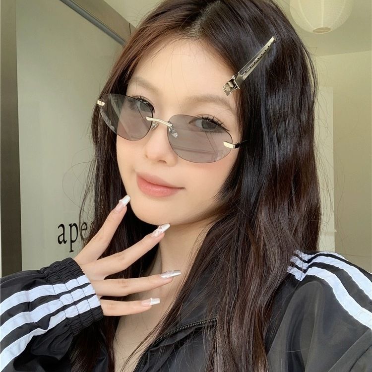 歐美風復古無框淺灰色Y2K辣妹墨鏡女款高級感防曬網紅太陽眼鏡