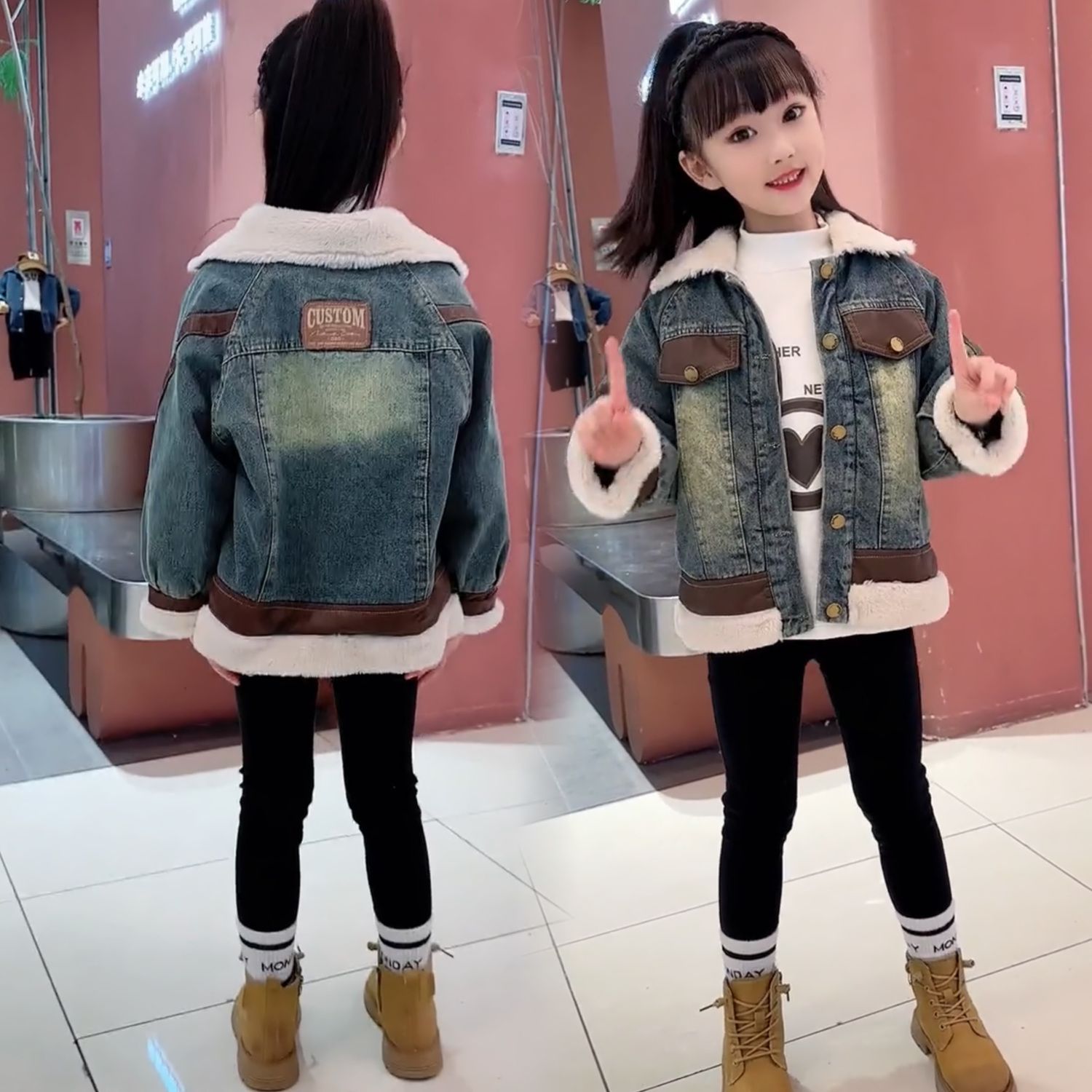 Girls' denim plus fleece jacket 2023 winter new Korean style fashionable street autumn and winter wear thickened top trendy