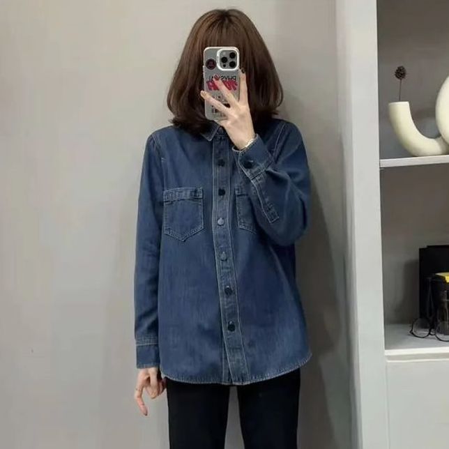 2023秋冬季新款時尚休閒加絨牛仔襯衫女流行疊穿襯衣加厚外套上衣