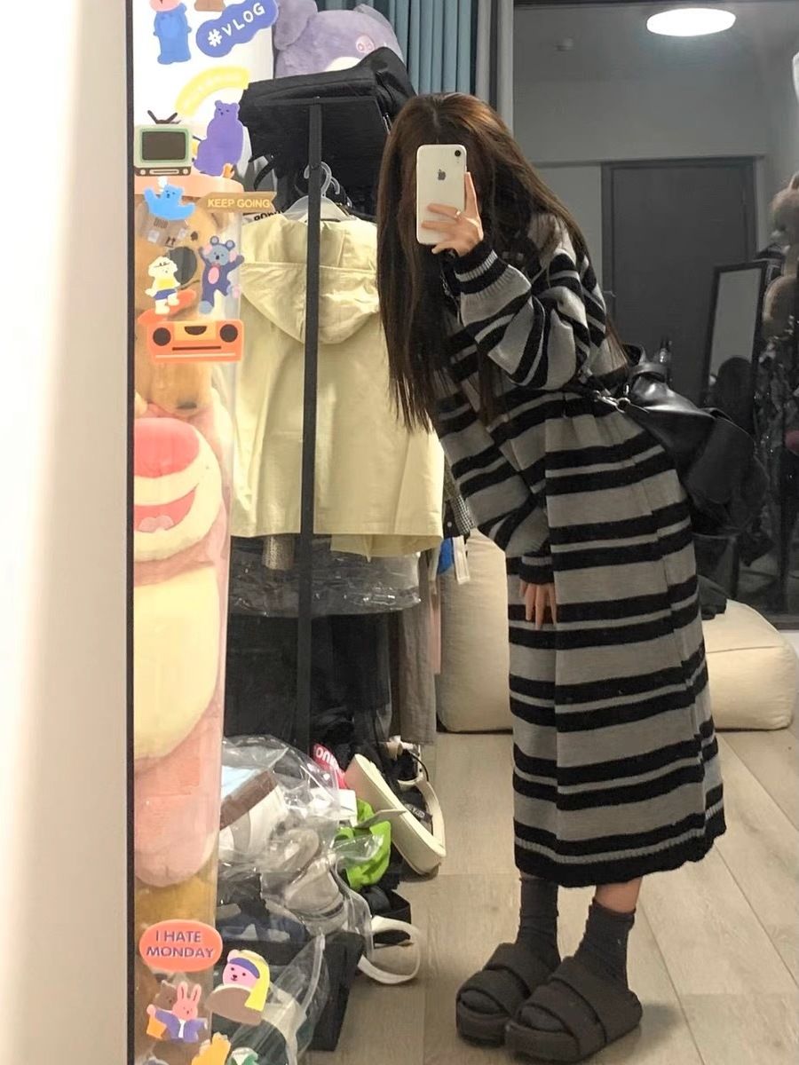 日系復古慵懶風毛衣針織衫連衣裙女裝秋季條紋設計感撞色寬鬆長裙