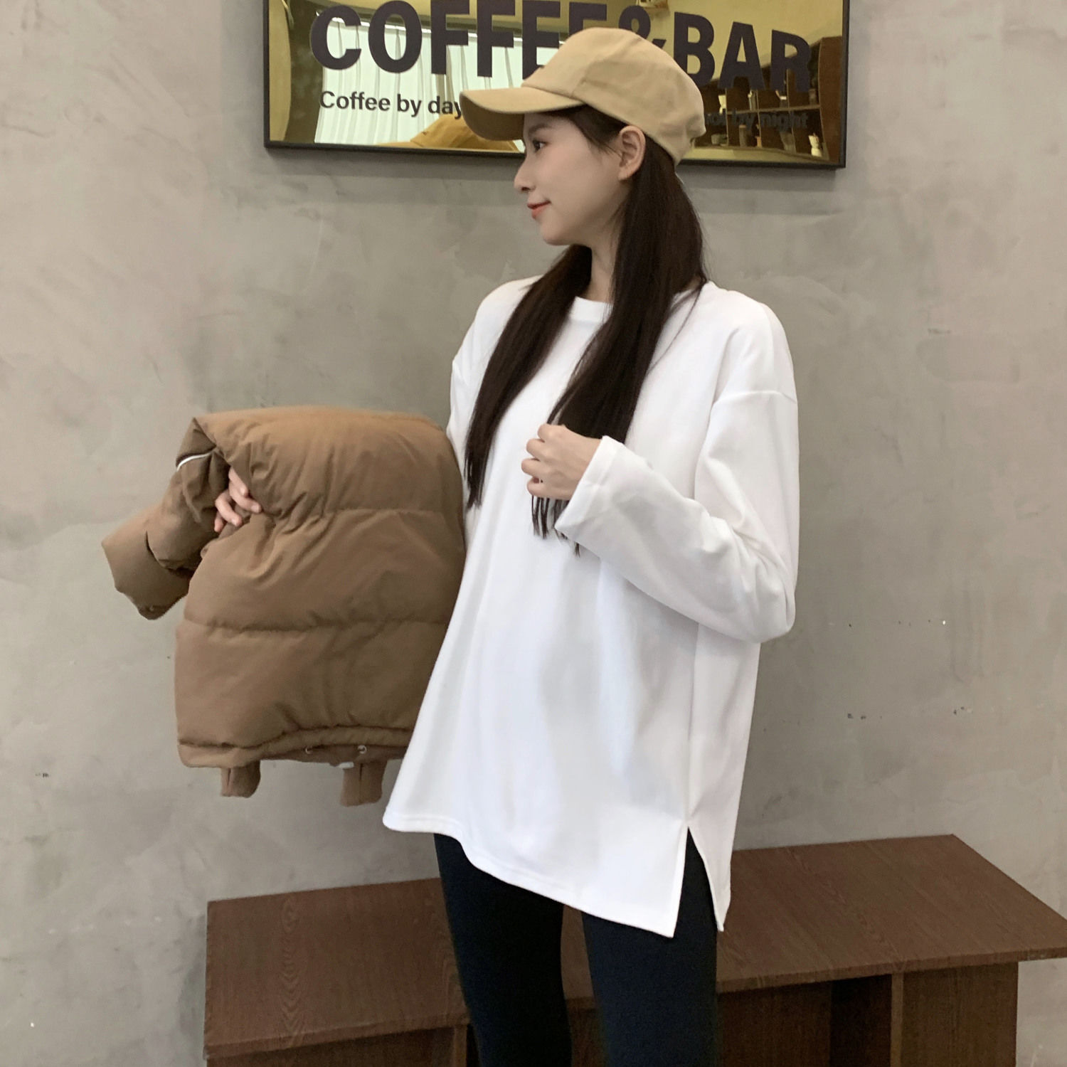 100%純棉長袖t恤女ins潮2023新款寬鬆韓版學生bf風白色打底衫上衣