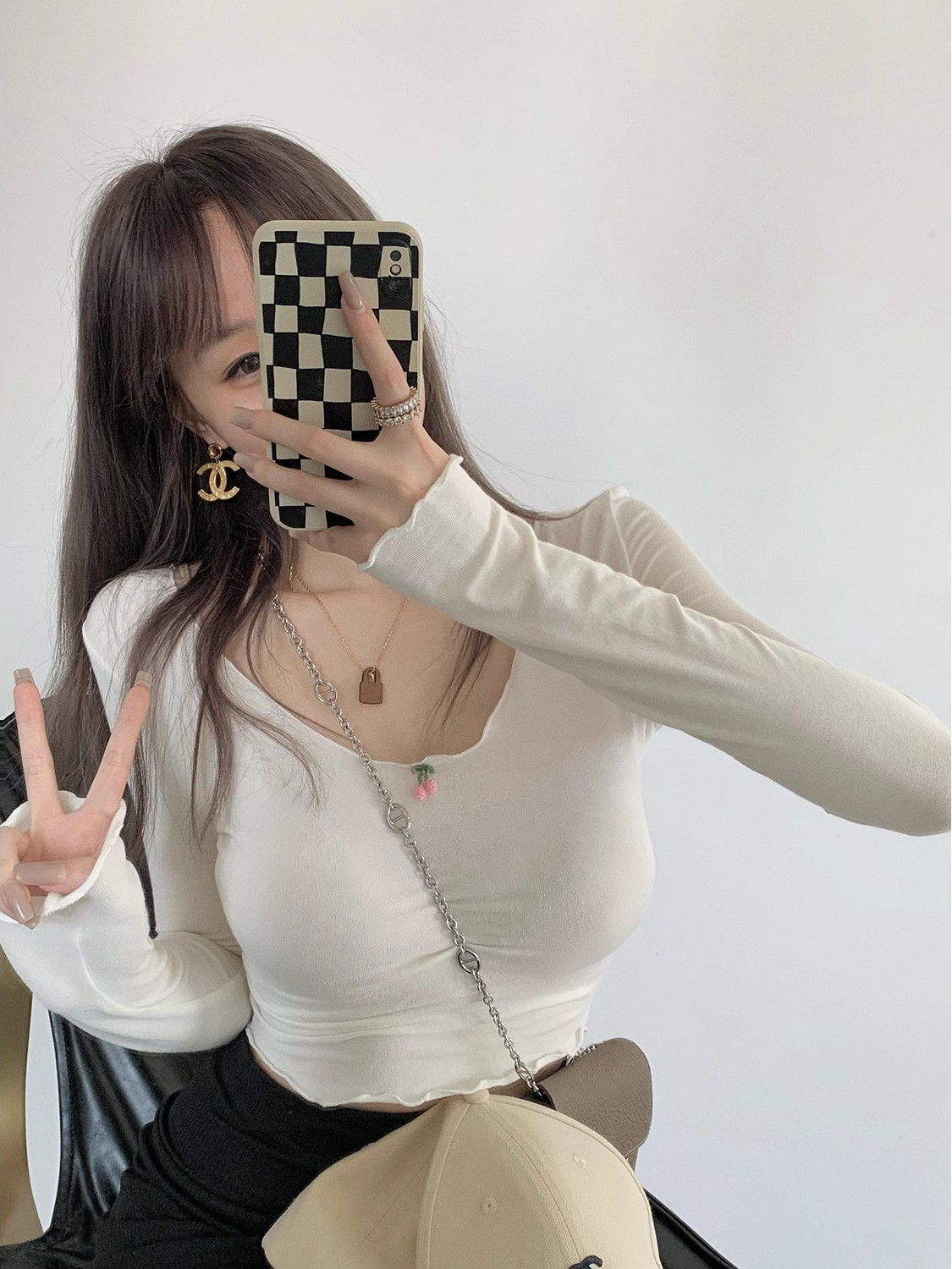 甜美木耳邊長袖T恤女秋冬時尚洋氣低胸打底衫露腰短款辣妹上衣潮
