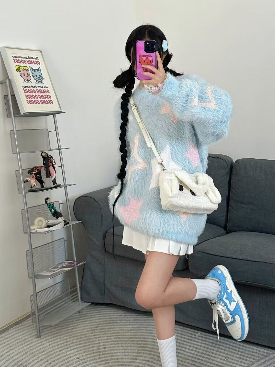 星星軟糯慵懶風藍色毛衣女秋冬水貂毛衣套頭圓領加厚上衣寬鬆顯瘦