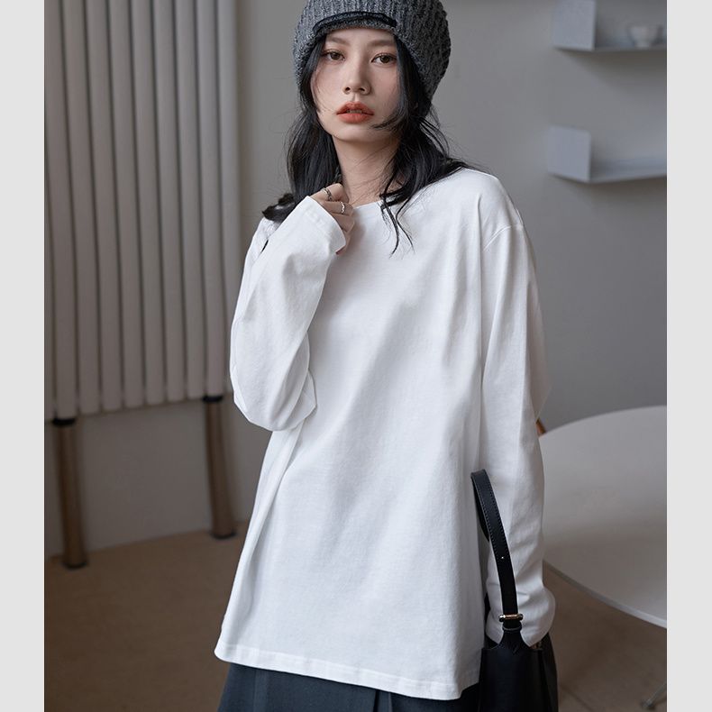 爆款加絨加厚白色打底衫女內搭疊穿秋冬寬鬆上衣純色保暖長袖T恤