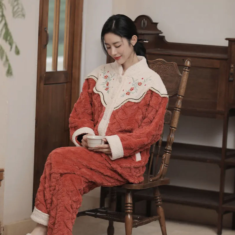 2023年新款國風新中式睡衣女冬季加絨加厚保暖開衫網紅家居服套裝